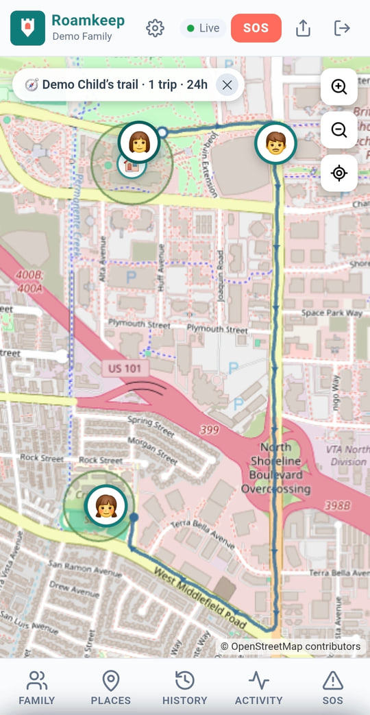 The Roamkeep family map, with family members' pins and the trail of a trip